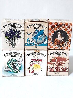 Vintage Winsor & Newton Drawing Ink Lot 6 Bottles W Original Boxes